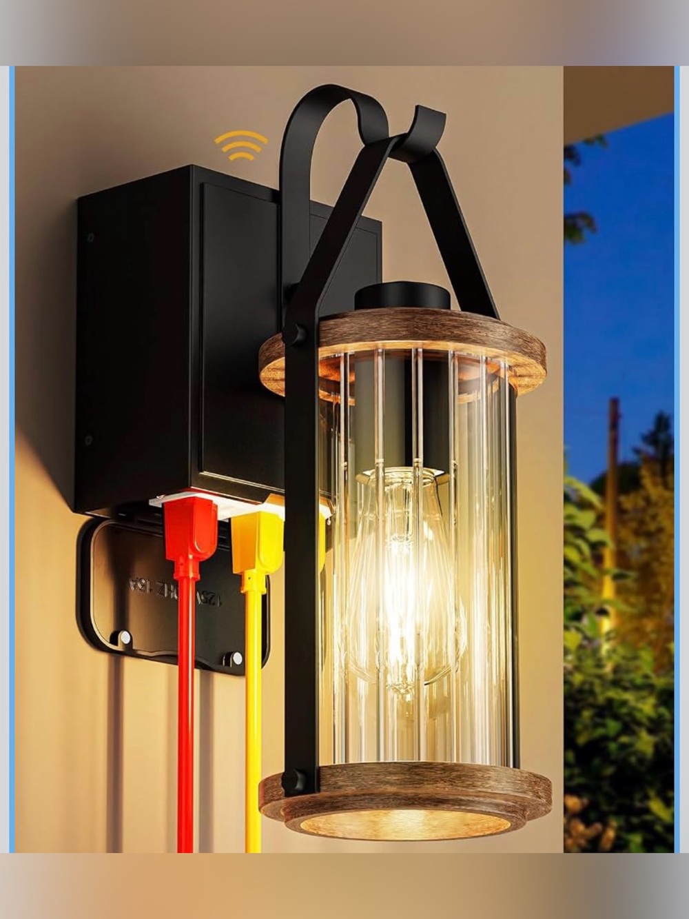Porch Light with Outlet GFCI Dusk to Dawn Outdoor Lighting Black
Wood Look Glass